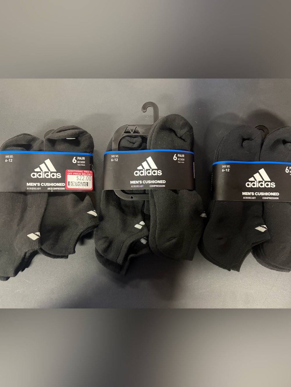 3pks Lot Men's Black Adidas Cushioned Aero Ready Compression NO SHOW Socks